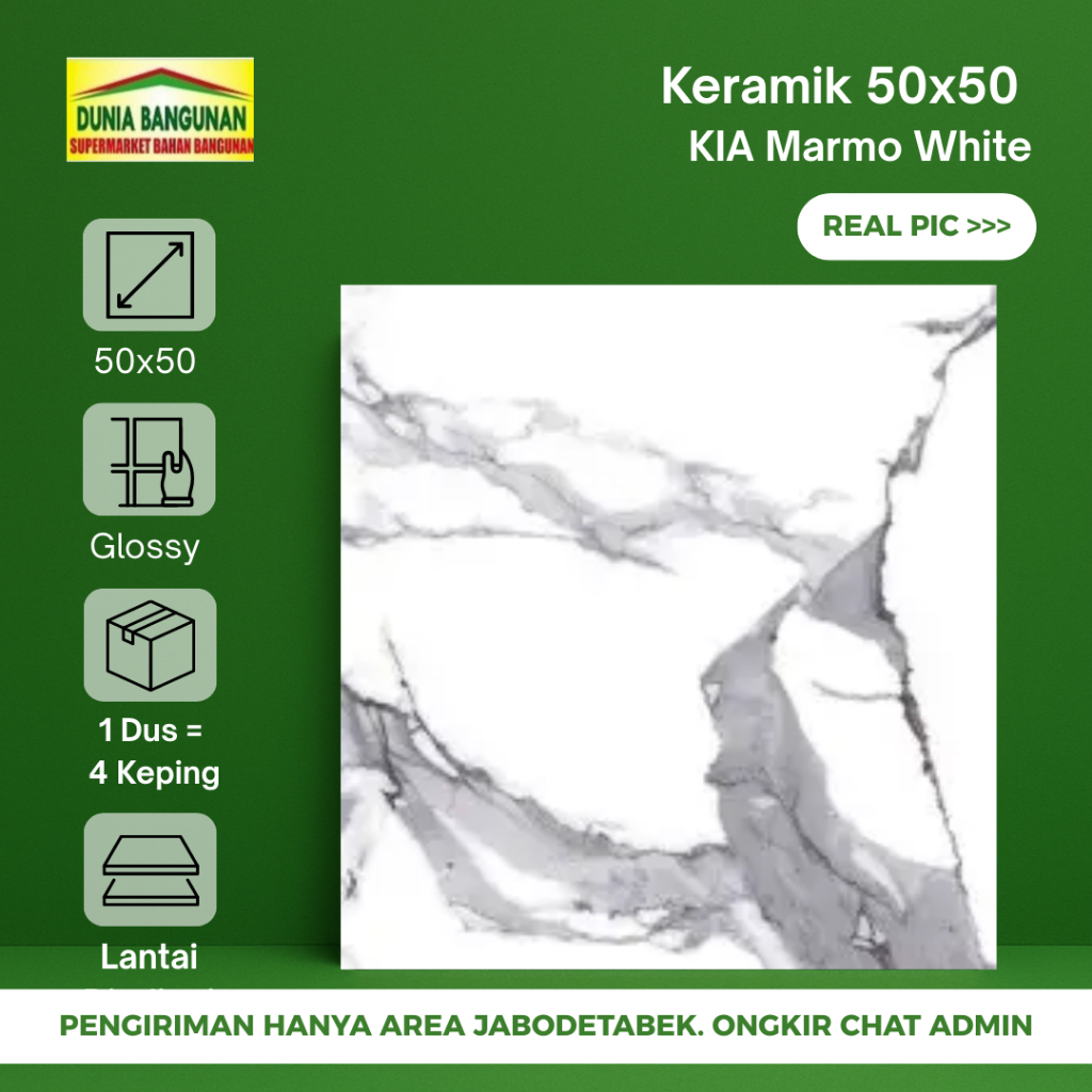 Keramik 50X50 Putih Corak Hitam KIA Marmo White 50x50 Keramik Glossy / Keramik Lantai Ruang Tamu/ Ke