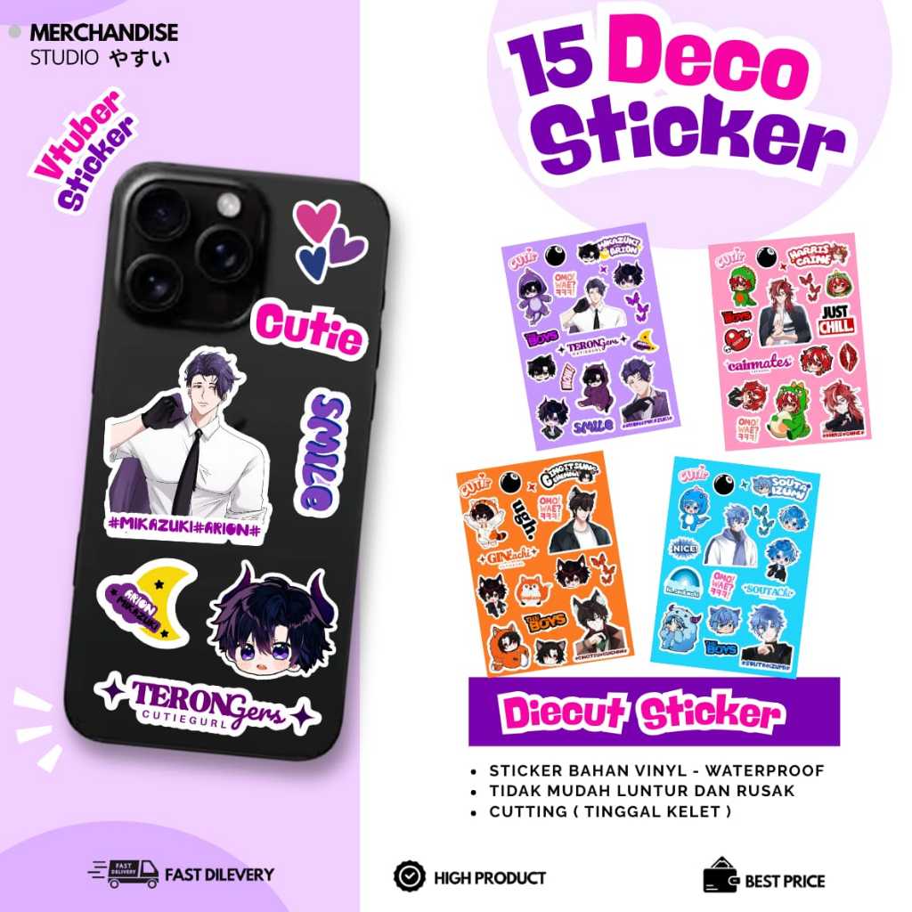 RP3  - STIKER 1 SET VTUBER SOLACE - STIKER WATERPROOF VTUBER HARRIS / ARION / GIN / SOUTA - STIKER V