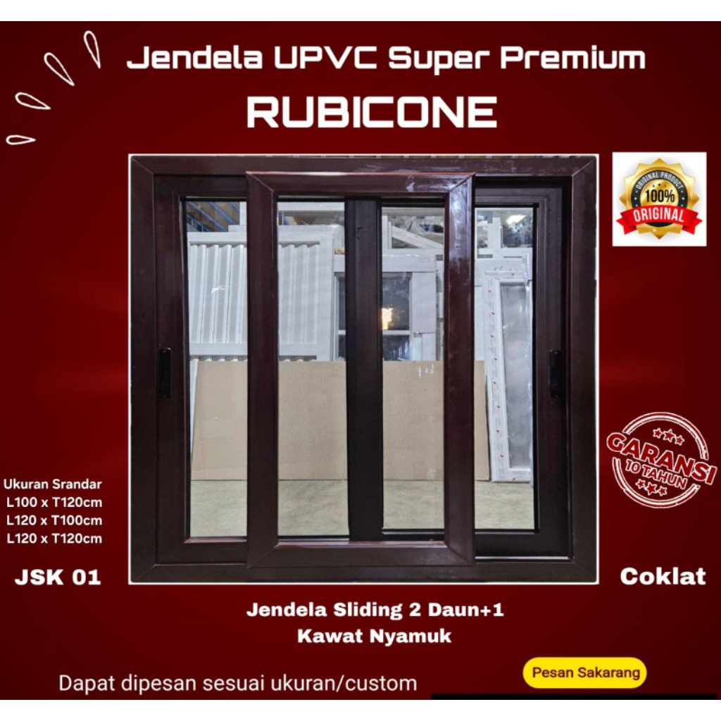 Jendela Sliding UPVC Rubicone Super Premium Coklat JSK01 2daun kaca+1daun nyamuk