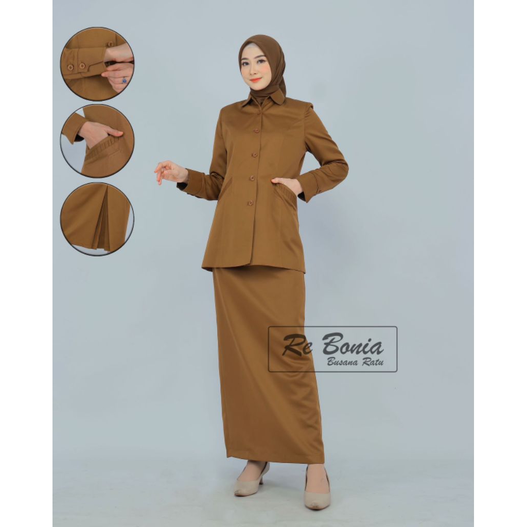 Blezer Re Bonia Kheki Sedang Rok Span, Seragam ASN ,PNS,GURU, Seragam Pemda Sedang Rok Span Wanita,B