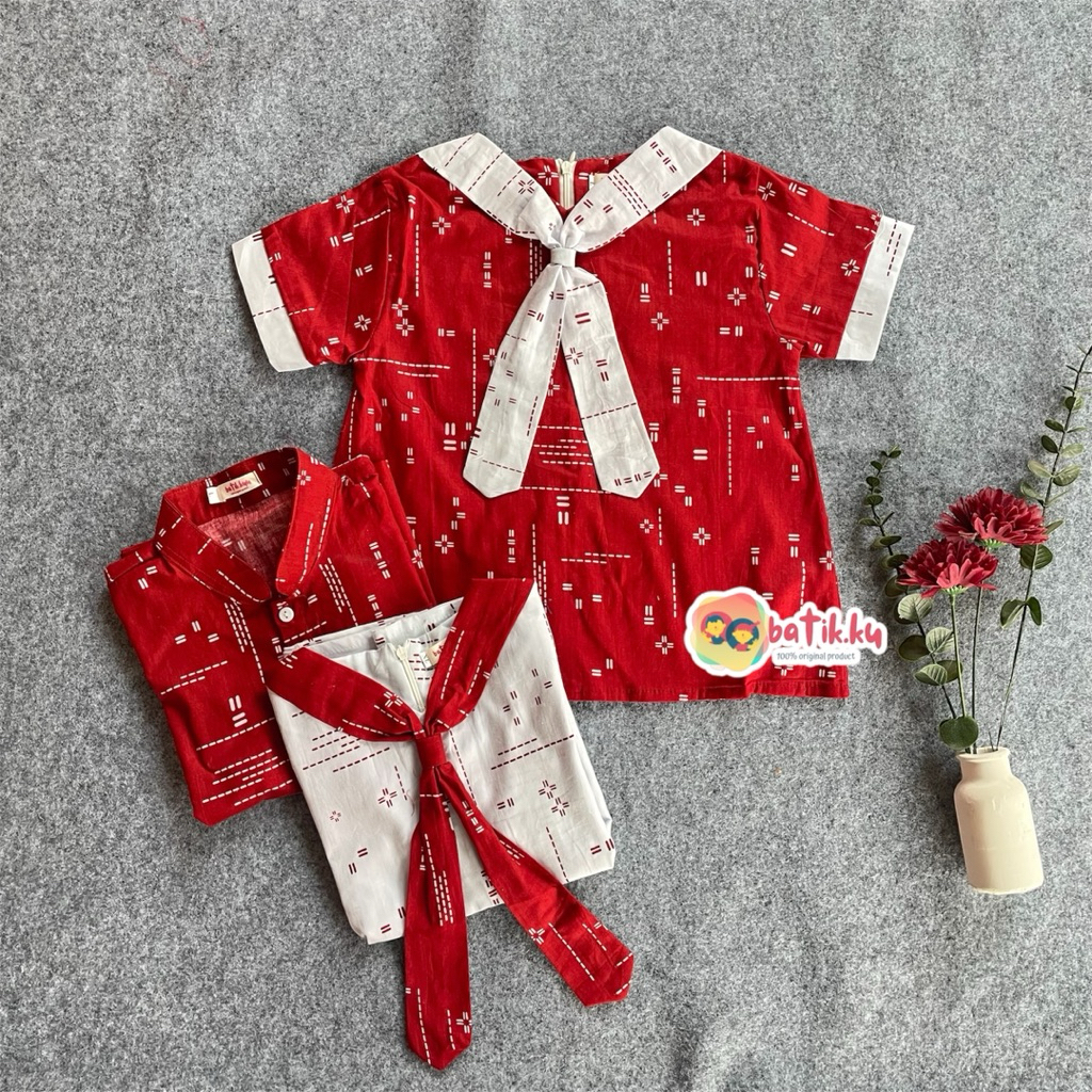 HOT PRODUCT ATASAN COUPLE BATIK ANAK PEREMPUAN DAN LAKI LAKI MODEL DASI MERAH PUTIH KEMEJA KOKO
