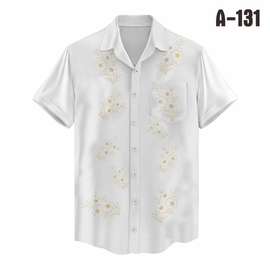 Kemeja Casual Santai Pria Wanita Putih Motif Floral Tangan Panjang Pendek A-131