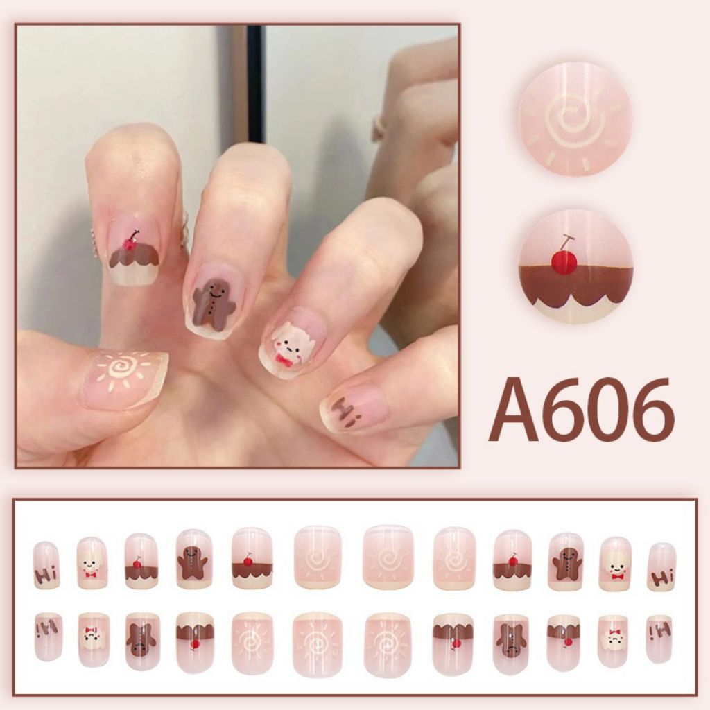 ( Beerrysaa ) 24 PCS KUKU PALSU + LEM Motif Beruang coklat Cream | Fake nail korean style | kuku pal