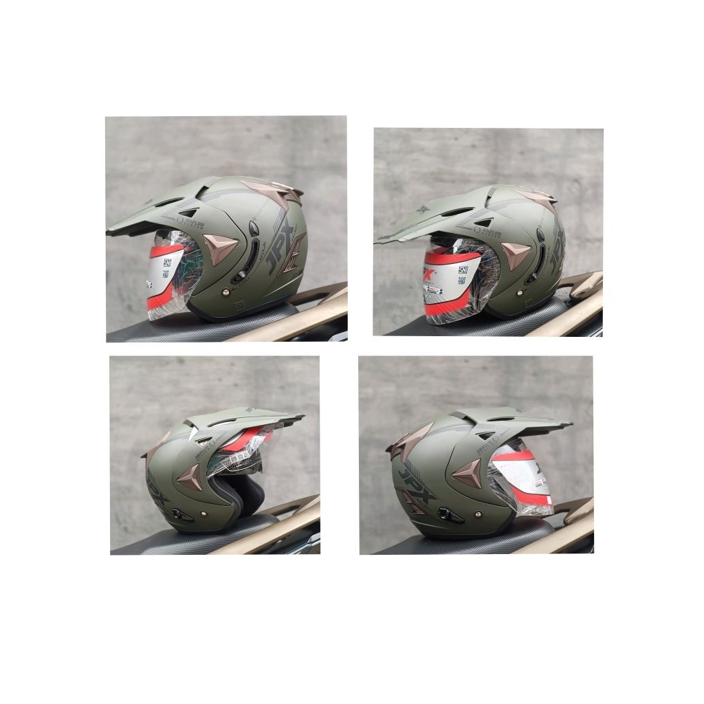 HELM JPX SEMI TRAIL SUPERMOTO SOLID ARMY DOP, SLOT ANTI MALING, DOBLE VISOR, ORIGINAL