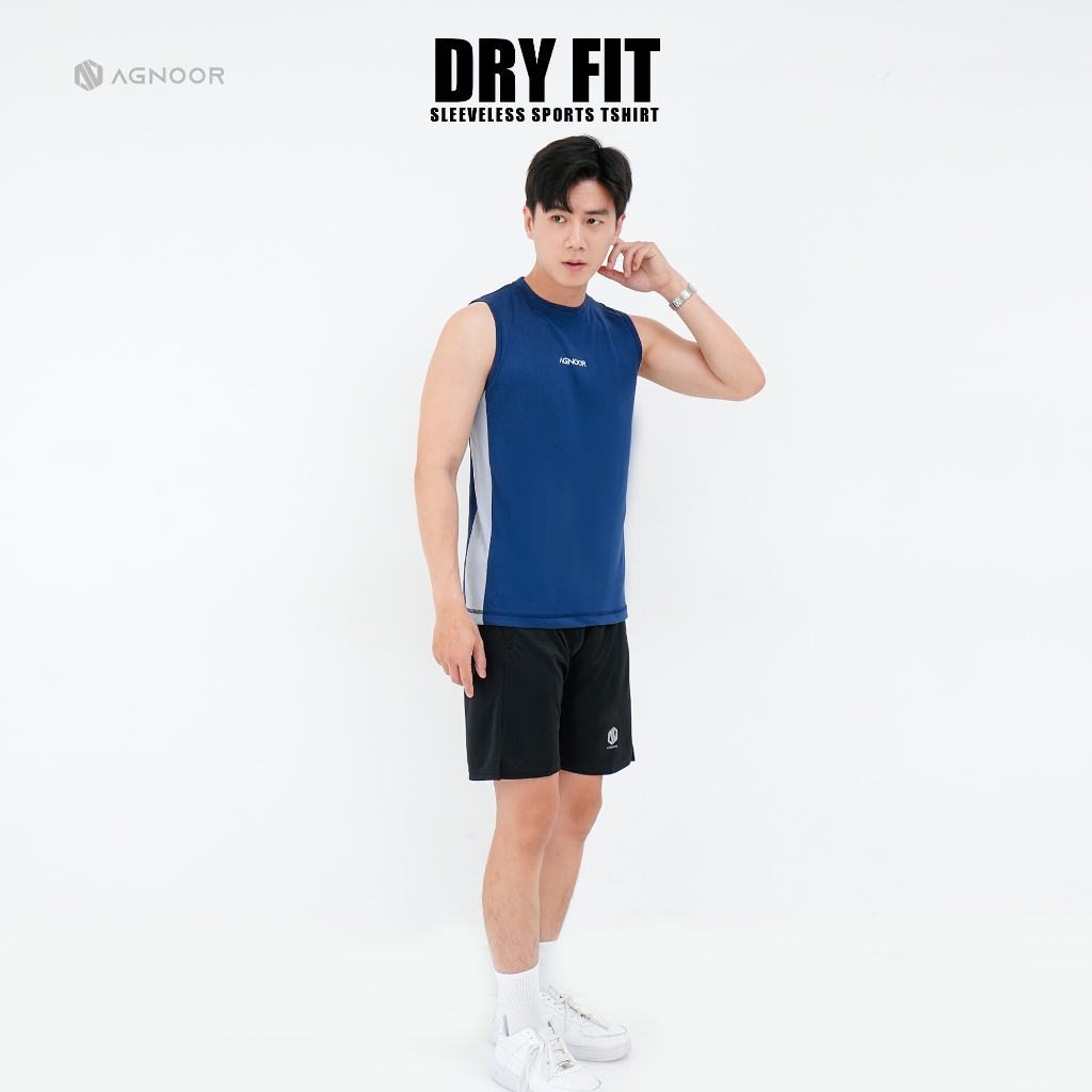 AGNOOR Setelan baju sport sleeveless pria navy kaos olahraga lari running gym tanpa lengan dry fit