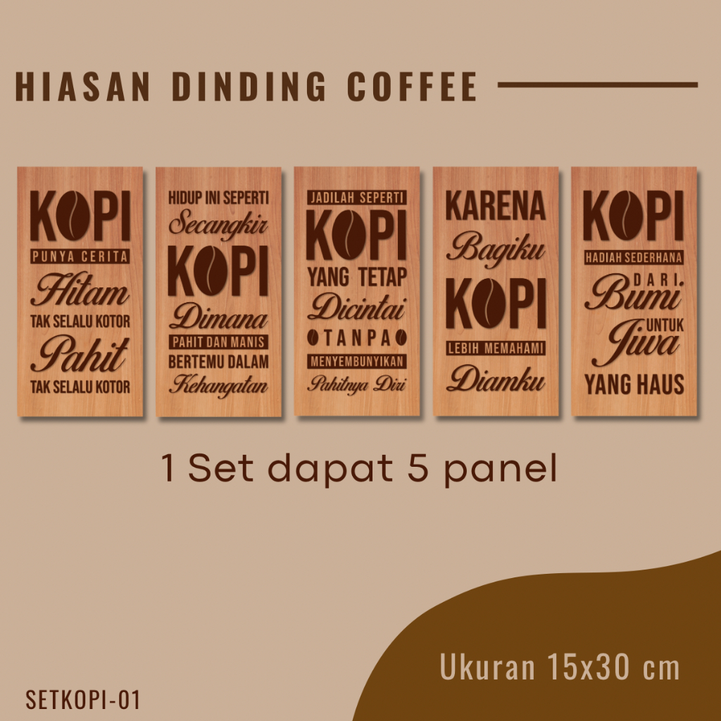Hiasan Dinding Kopi Set 5 Panel MDF Elegan || Dekorasi Kafe Kekinian Set 5 Panel 15x30CM