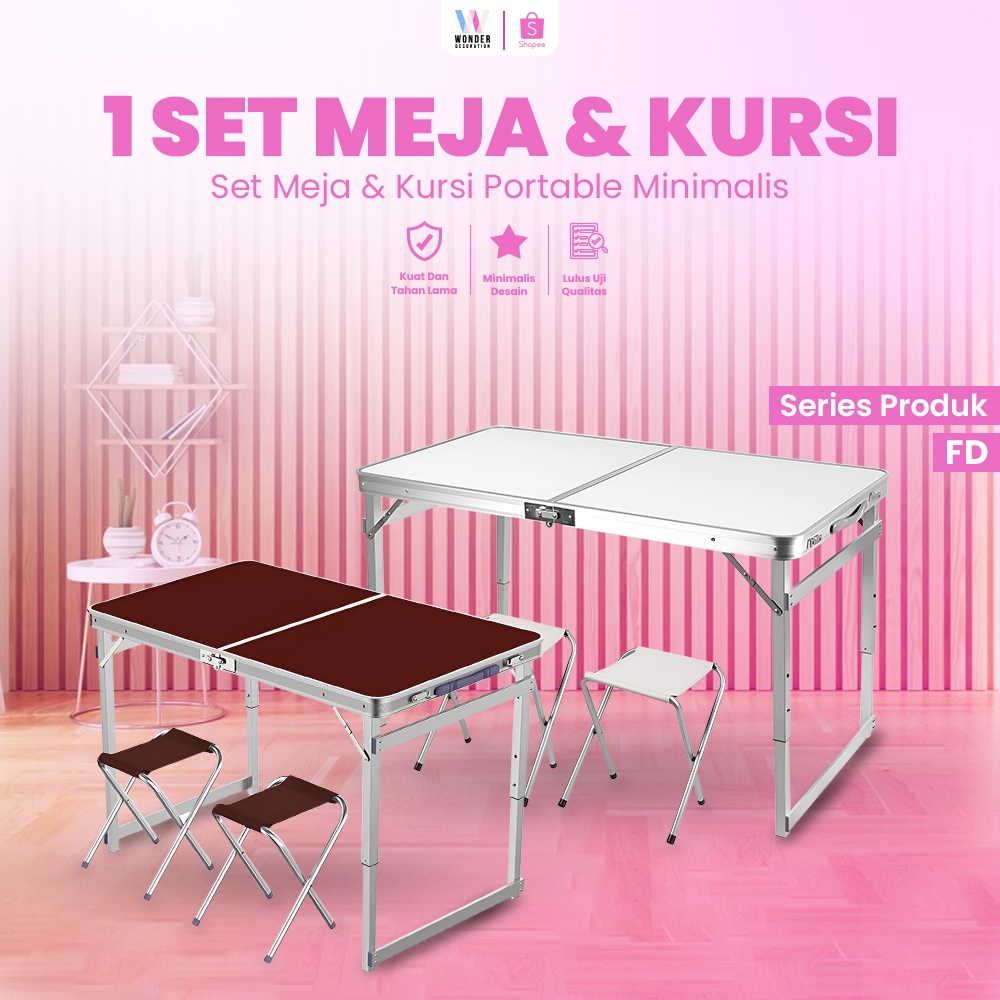 Meja Lipat Kaki Kotak + Kursi Meja Lipat Koper Meja Portable -Wonderdekorasi