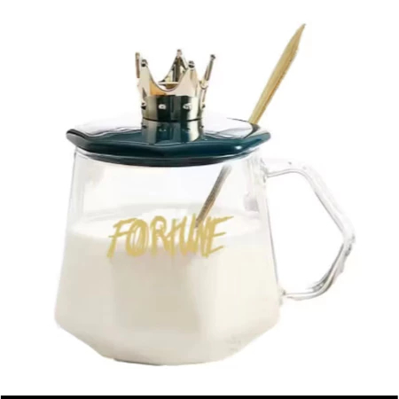 Gelas kaca 350ml Mahkota Crown + sendok / Gelas Aestehetic / Gelas Couple / Gelas Mug Kaca Crown Mah
