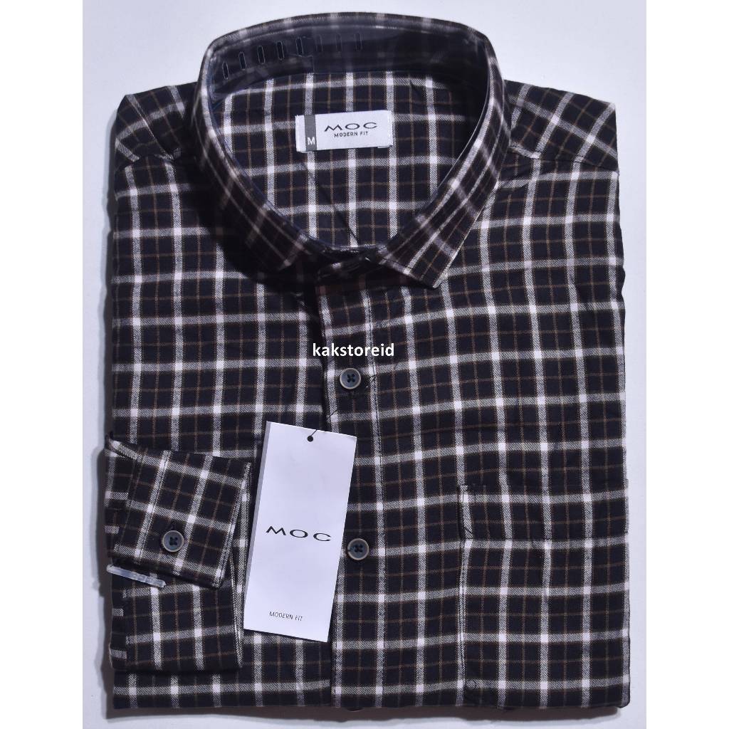 Kemeja Pria MOC Lengan Panjang Hitam Garis Coklat Kotak Flanel Bamboo Modern Fit KMM 10 #Kemeja Mura