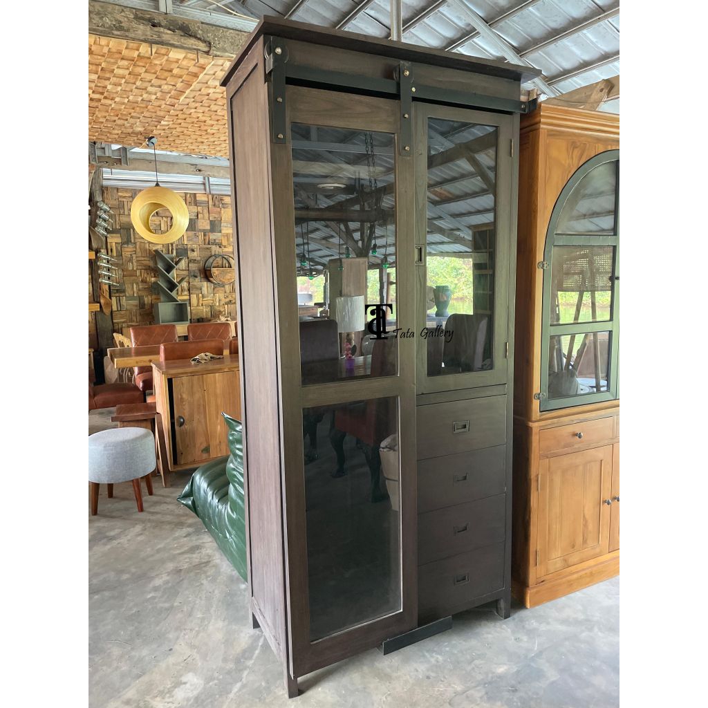 Almari Kaca Sleding Almari Gantung Baju 4 Laci