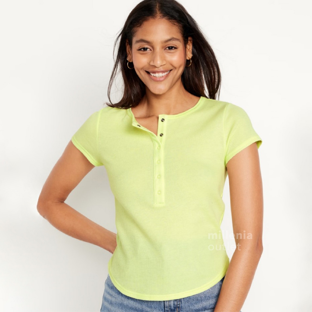 Kaos Knit Wanita Model Lengan Pendek - Women Half Button T-shirt Waffle Knit Henley Top