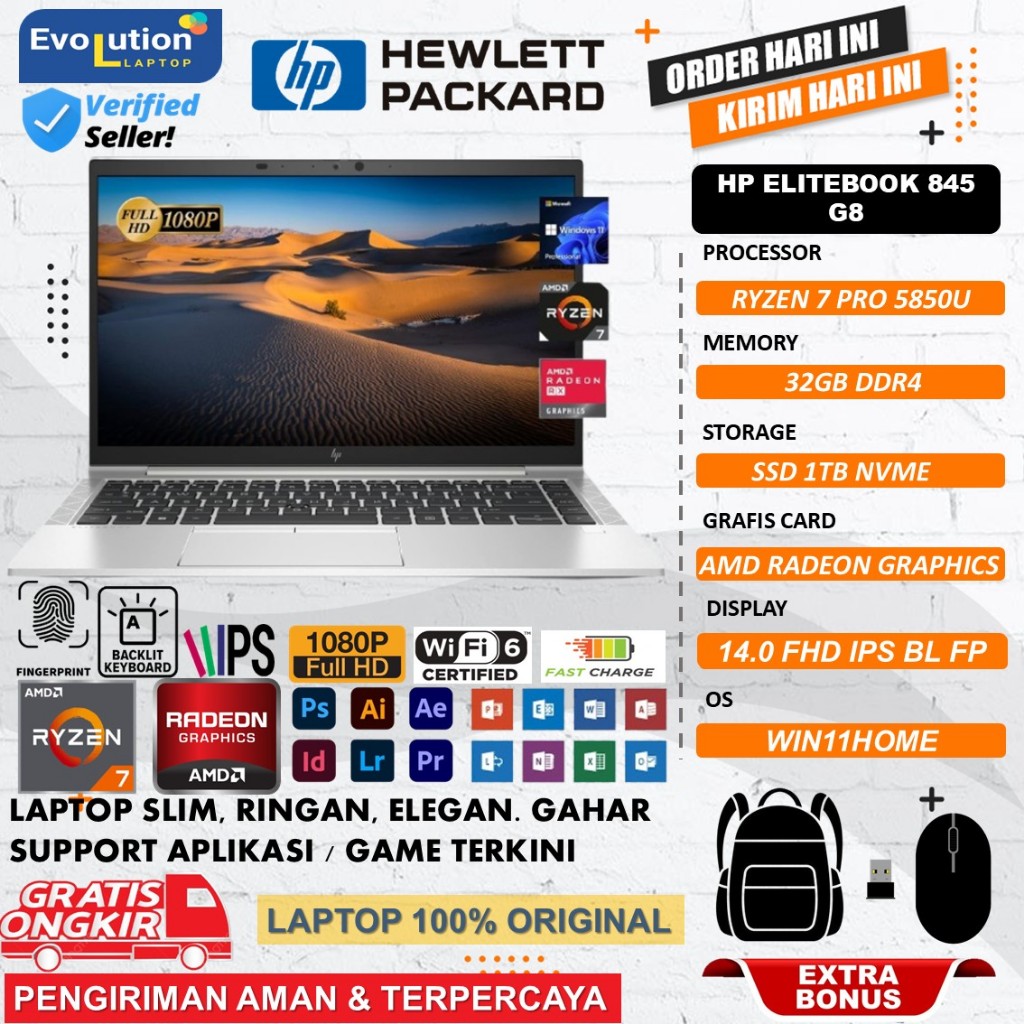 Laptop HP Elitebook 845 G8 Ryzen 7 / Ryzen 5 | 32GB RAM | SSD 512GB | Layar IPS | Backlight | Win 11