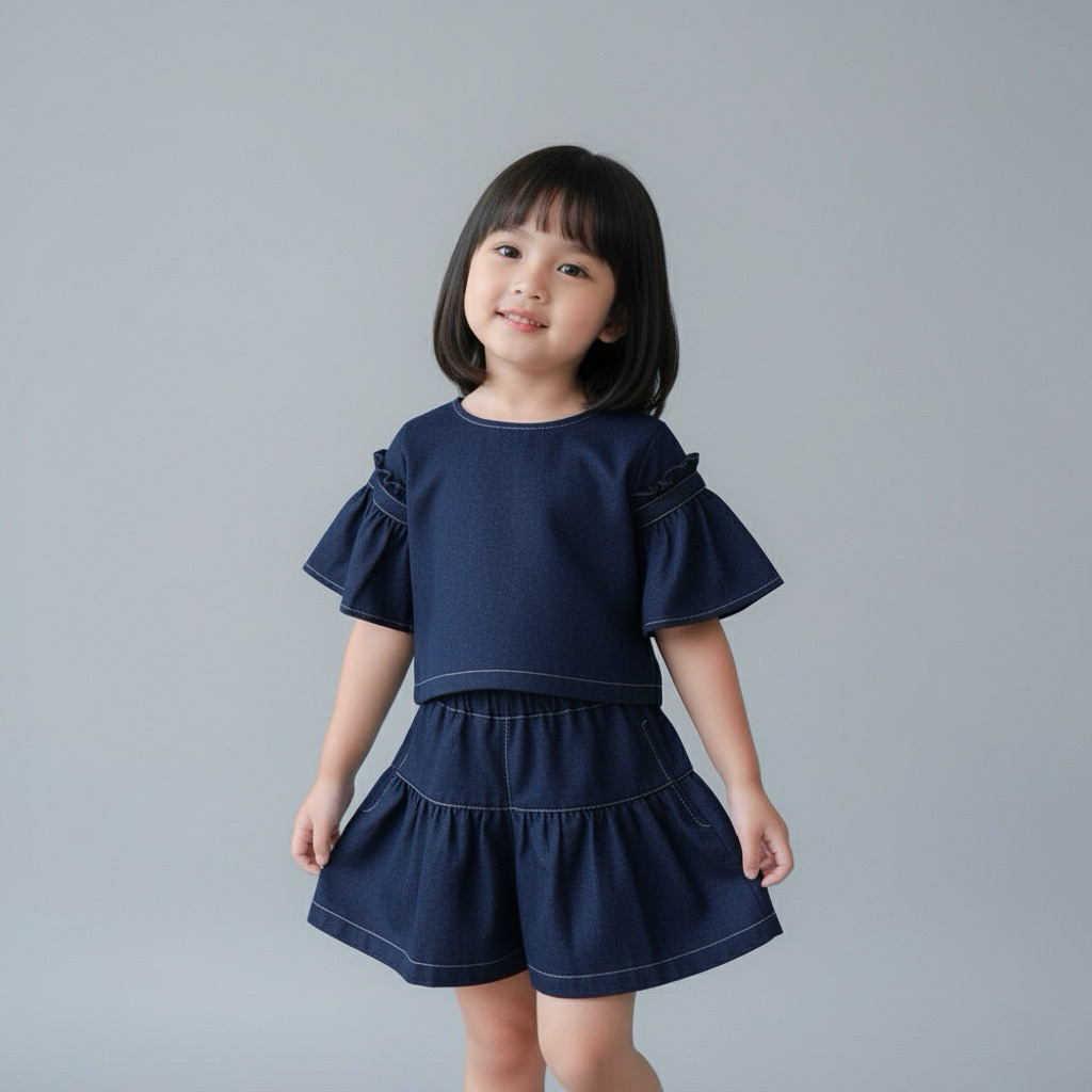 (1-8 Tahun) ISLA-Setelan Anak Perempuan | Set Anak Perempuan | Setelan Denim Anak | Set Anak Perempu