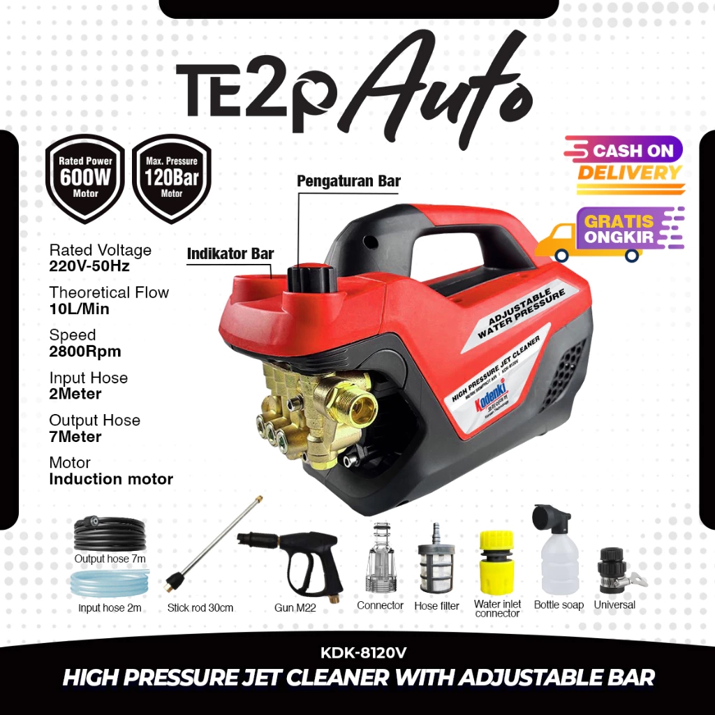 Kodenki Mesin Cuci Motor Mobil KD-8120V 600W Adjustable Jet Cleaner High Pressure 600 Watt 120 Bar
