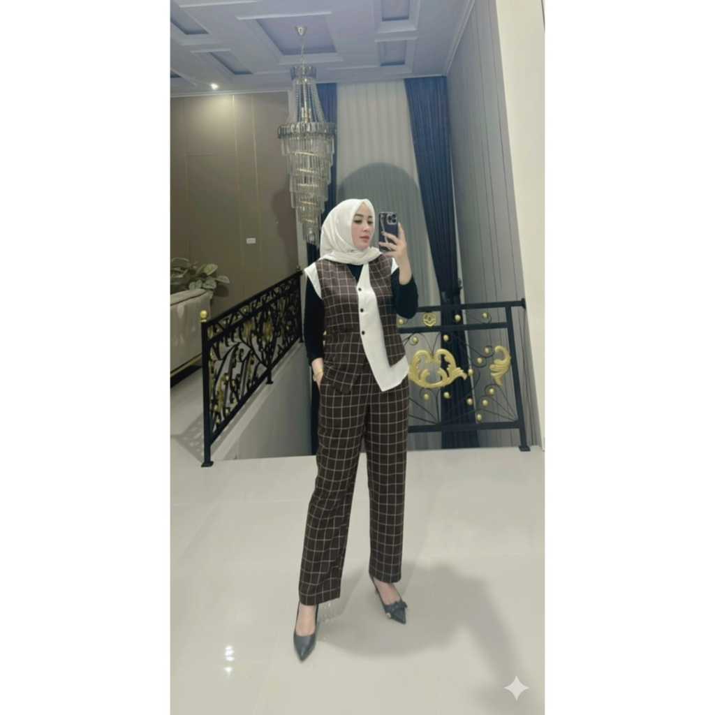 SH-MIYUMI SET ROMPI KOTAK-ONESET TERBARU Baju Muslim Panjang Wanita Gamis Dewasa Atasan Celana Setel