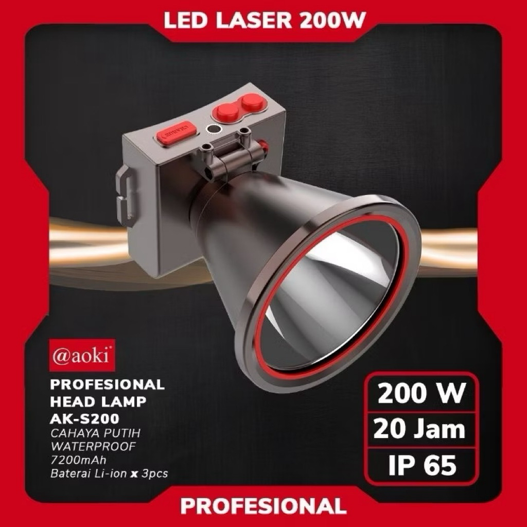senter kepala 200 watt LED laser planar 95mm aoki ak-S200 baterai 7800mAh