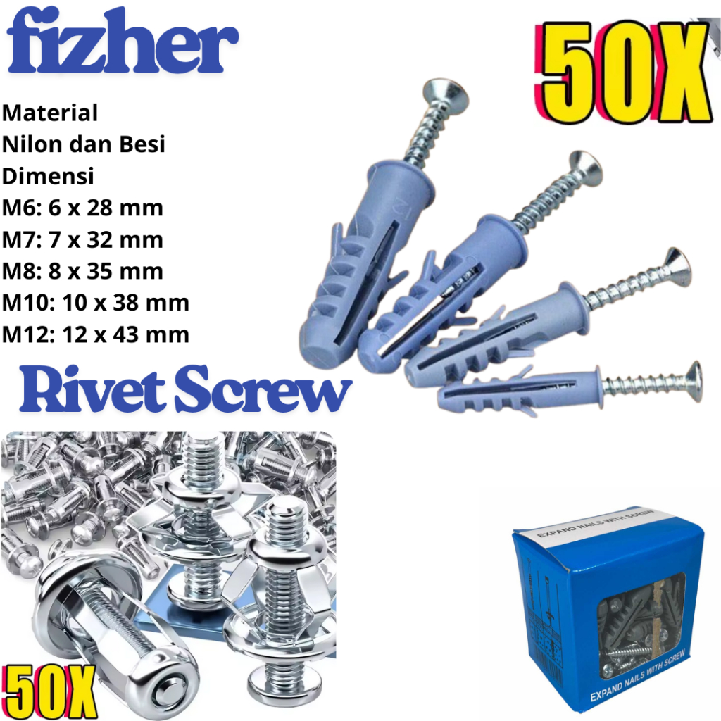 Fisher Tembok + Sekrup 50 PCS Angkur baut Set Tembok sekrup Dinding Tembok Nylon Dan Besi Paku Kuat