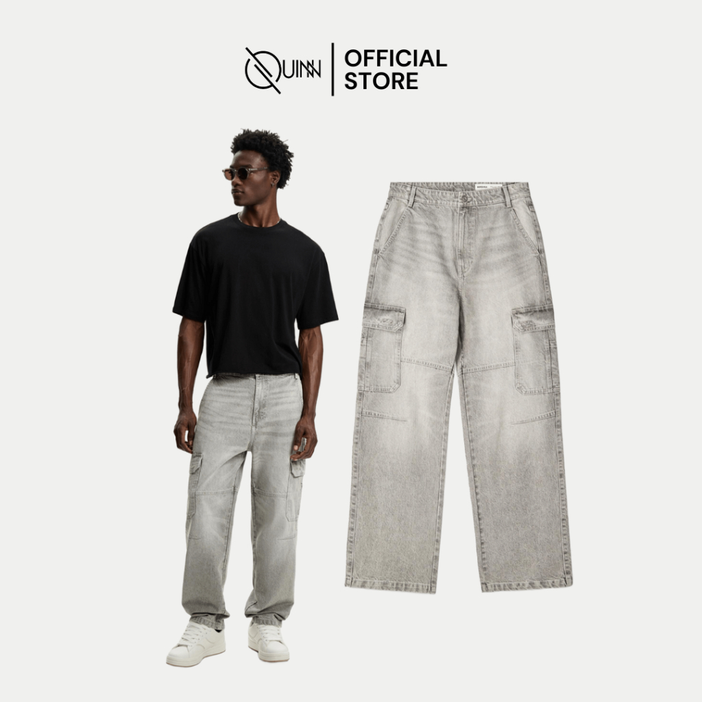 Bershka Baggy Jeans Cargo Grey / Celana Panjang Pria Korean Style Oversize