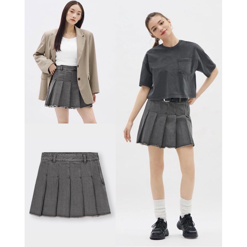 GU Mini Pleated Skirt Rok Pendek Wanita Denim Korean Style High Waist