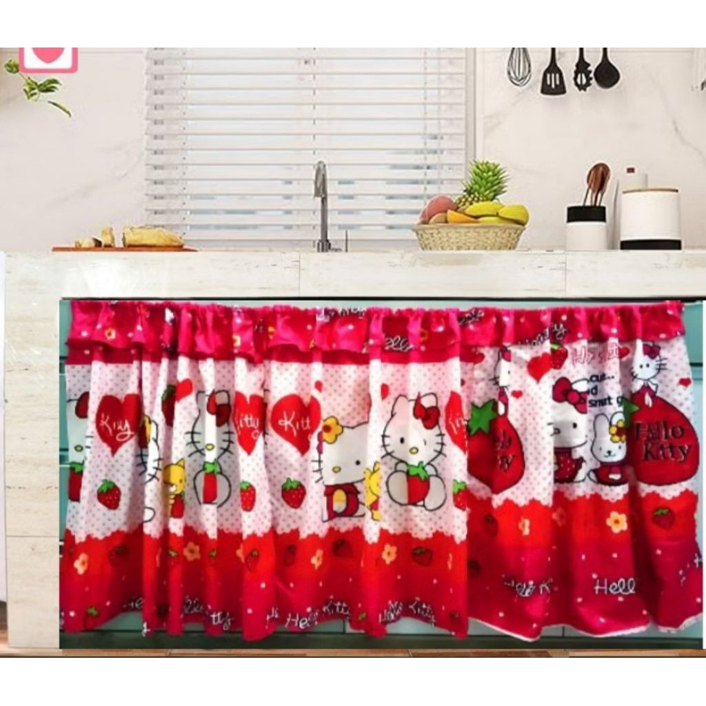 Gorden kolong dapur model serut dengan motif Doraemon, Hello kitty, Mickey mouse, Keropi desain mini