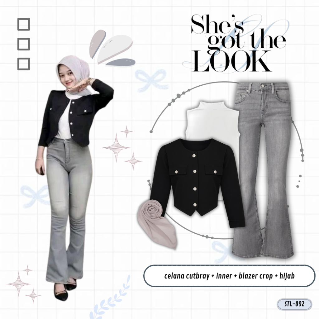 Setelan Cutbray Korean Style Blazer crop Celana jeans cutbray Hijab bella square Skena outfit OOTD O