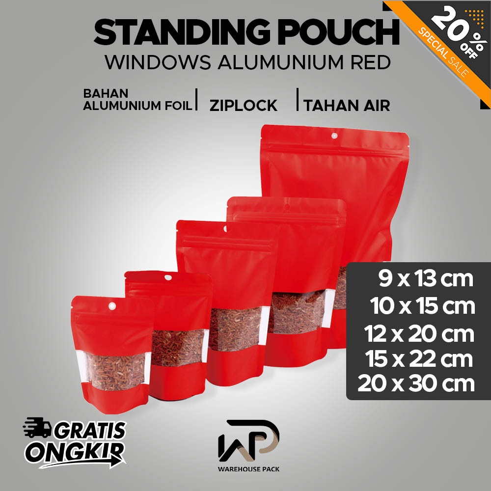 ( 1 Pcs ) Standing Pouch Alumunium Windows Merah | Kemasan Pouch Kopi Alumunium Red Matte | Kemasan 