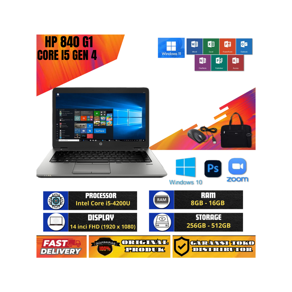 LAPTOP HP ELITEBOOK 840 G1 INTEL CORE I5 GEN 4 RAM 16GB/512GB SSD DAPAT TAS DAN MOUSE