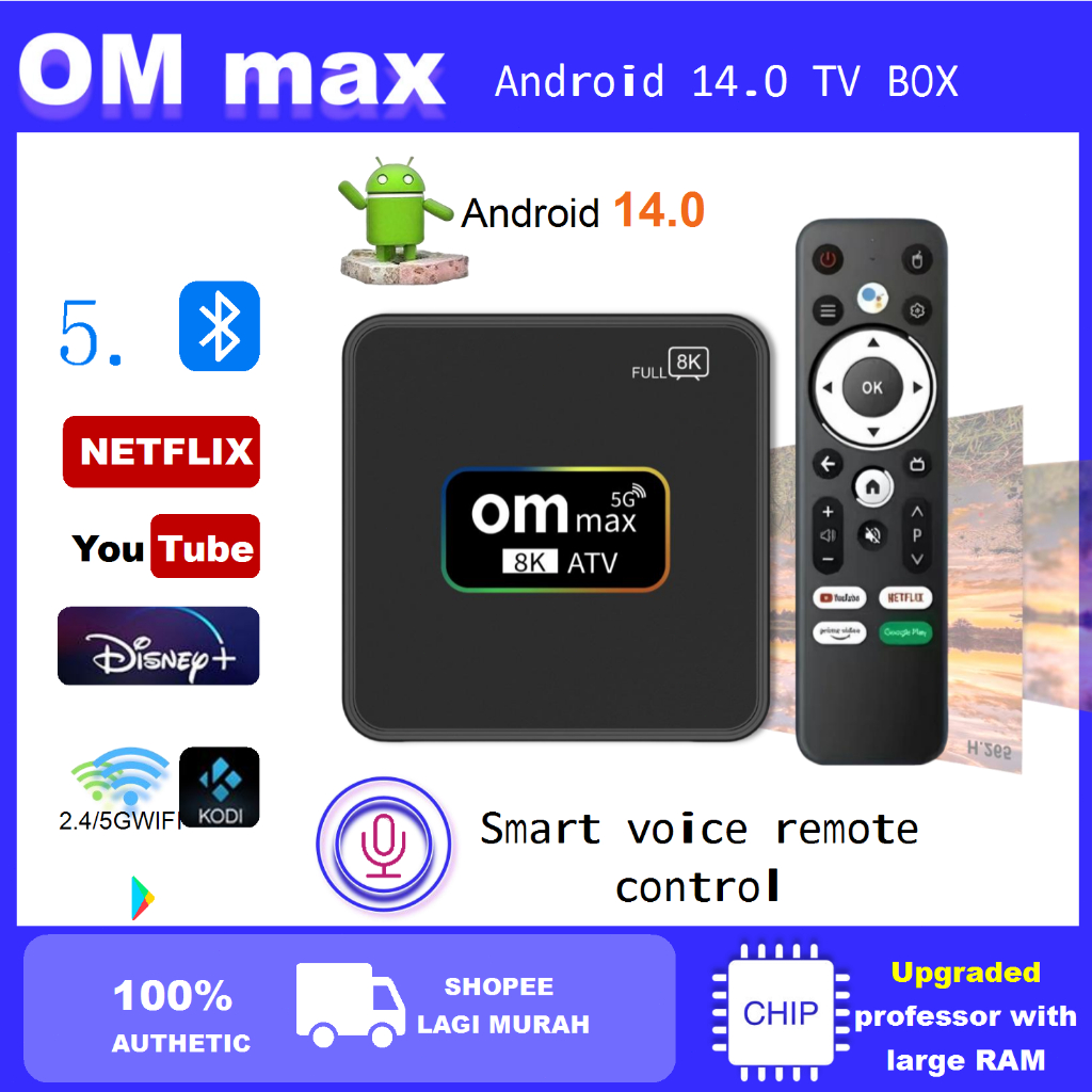 OM MAX Smart Voice TV Box Android 14.0 5G WiFi Bluetooth 5.0 4K HDR Buka Saluran Netflix YouTube Kar