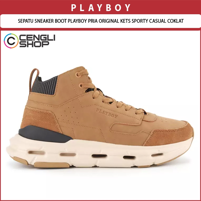 SEPATU SNEAKER BOOT PLAYBOY PRIA ORIGINAL KETS SPORTY CASUAL COKLAT BROWN PL68