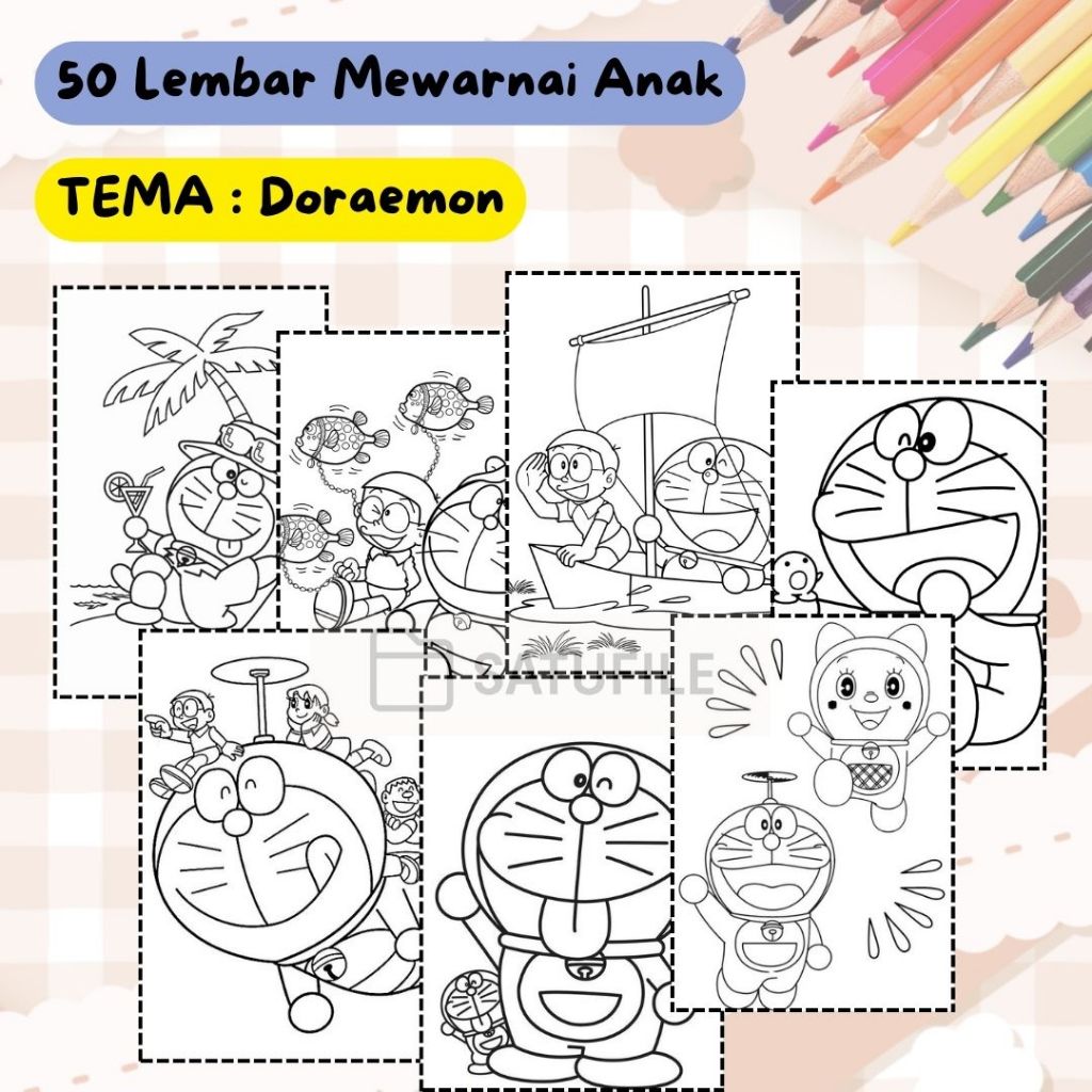 TERMURAH  Kertas Mewarnai Anak 50 Lembar Tema Doraemon – Buku Mewarnai Kartun TK PAUD SD | Lembar Me