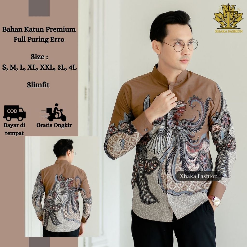 XHAKA Atasan Kemeja Batik Pria Premium Slimfit Lapis Furing Erro Bahan Katun Motif Gajayana Moca Hem