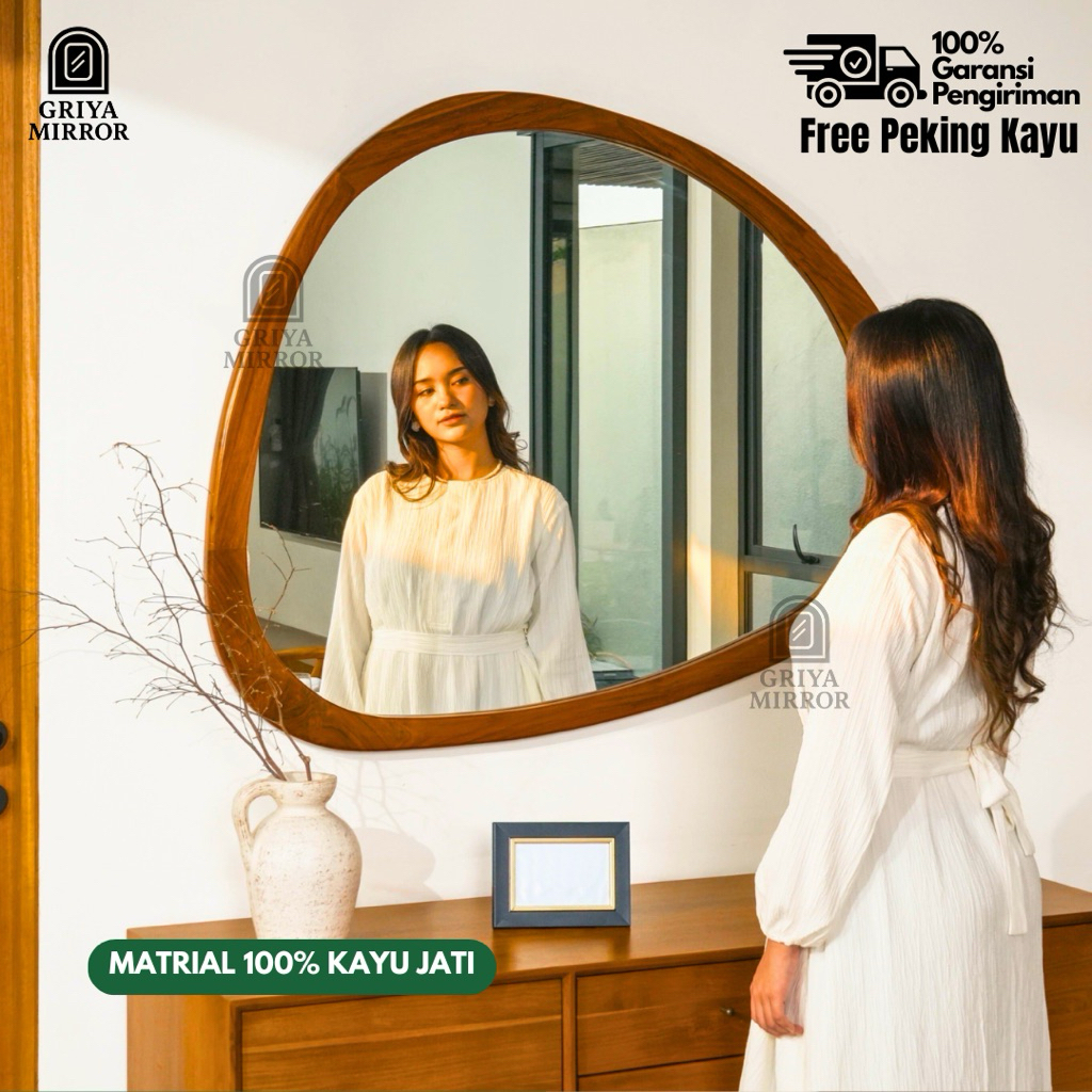 Griya Mirror - Cermin Hias Dinding Kayu Jati | Cermin Dinding Unik Ruang Tamu | Cermin Kayu Jati Asl