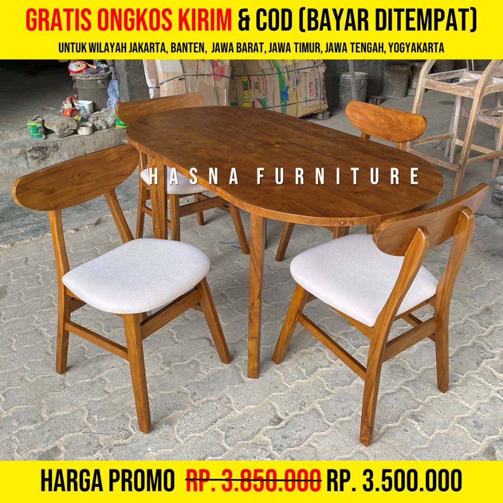 Set Meja Makan Jati Minimalis Modern Oval 4 Kursi, Meja Makan Jati Minimalis Modern Cafe