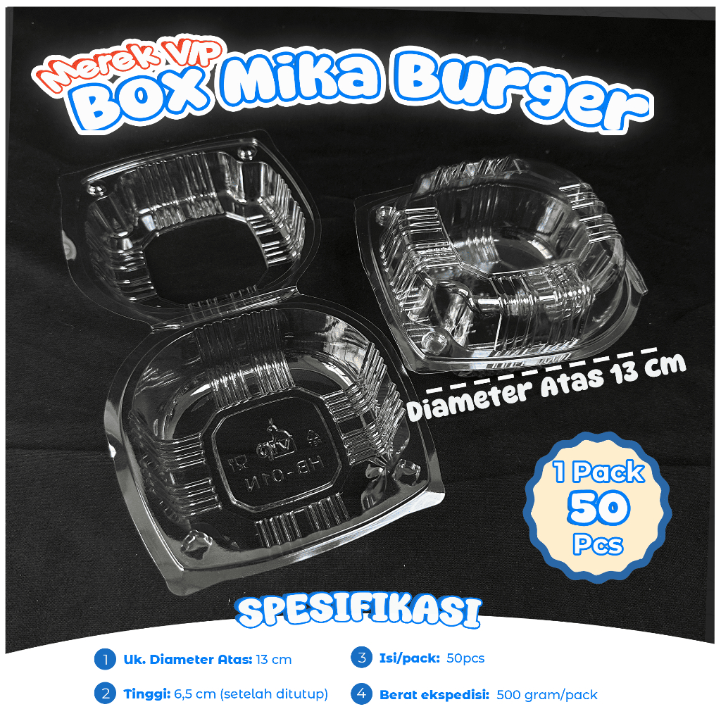 Mika Burger VIP / Tempat Burger Plastik Isi 50 Pcs / Mika Bento Bulat