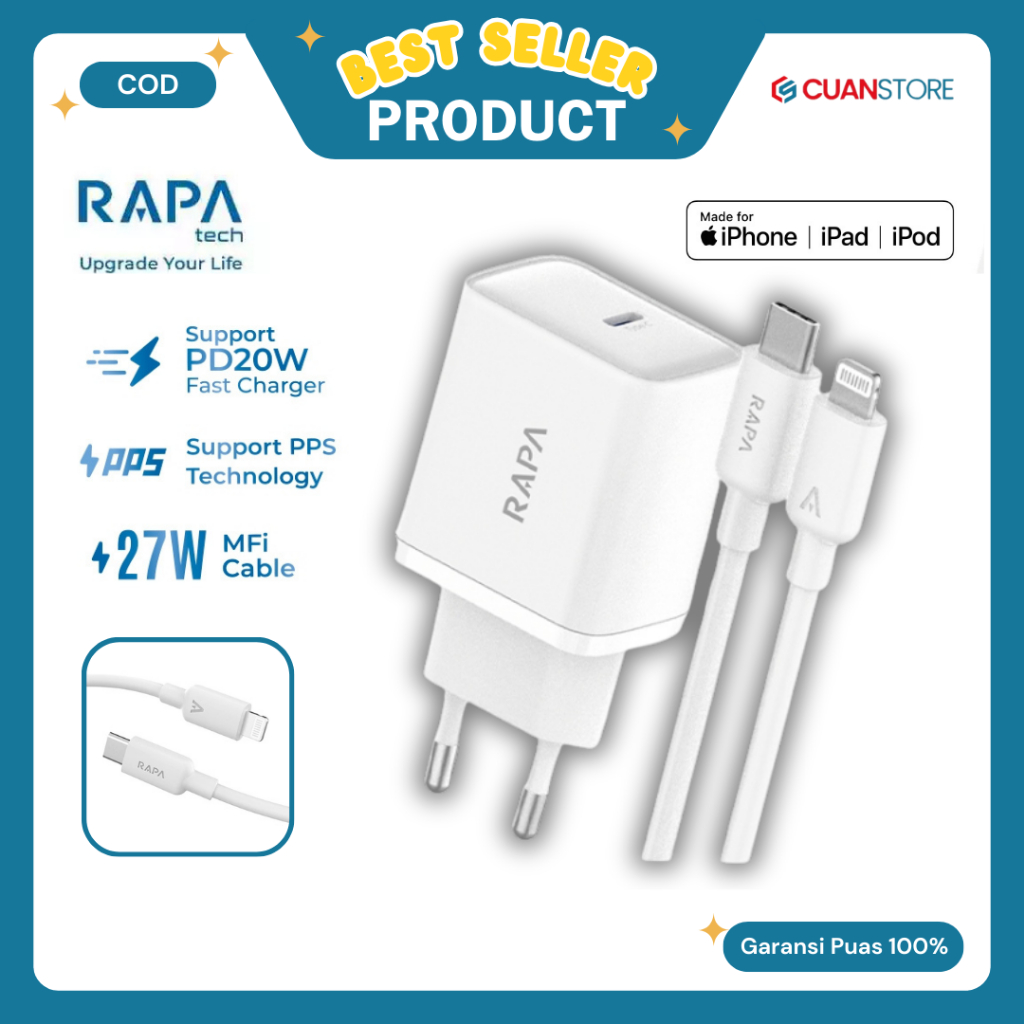RAPAtech POWER I 20W Charger dengan Kabel USB-C ke Lightning 27W MFi Certified untuk iPhone  Kabel D