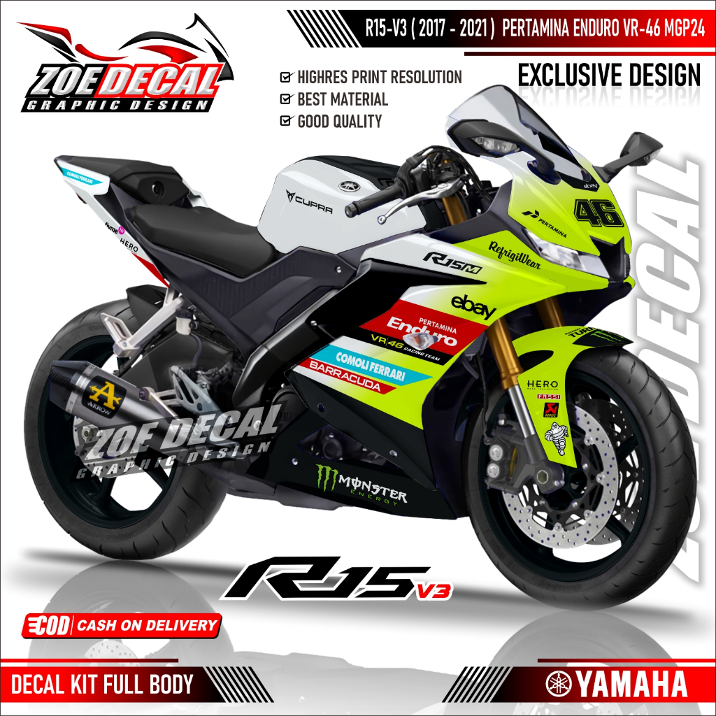 TERBARU DECAL STIKER FULL BODY YAMAHA R15 V3 MOTIF PERTAMINA ENDURO VR-46 MGP24