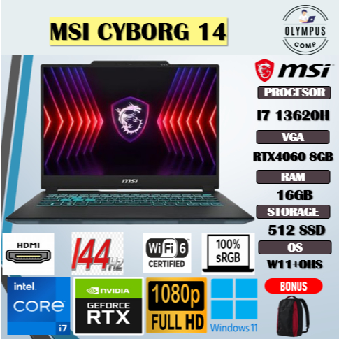 MSI CYBORG 14 I7 13620H RTX4060 8GB/ 16GB 512GB W11+OHS 14.0FHD+ 144HZ 100SRGB