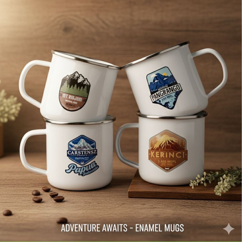 Gelas mug enamel stainless steel edisi gunung Indonesia Rinjani Semeru alam puncak gunung pantai pem