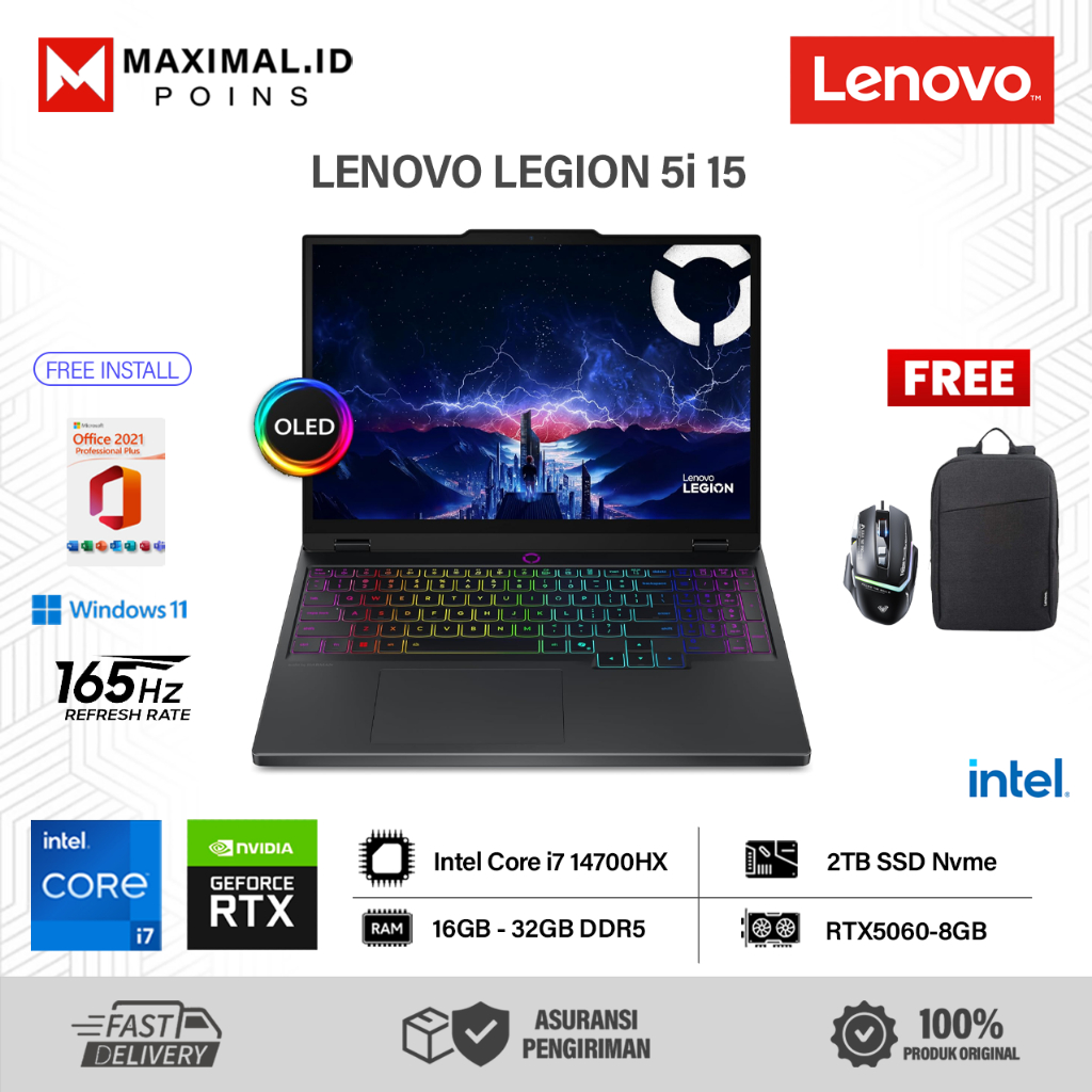 LENOVO LEGION 5i 15 INTEL I7 14700HX 16GB DDR5 1TB RTX5060-8GB 15.1 WQXGA OLED 165HZ RGB WIN11HOME
