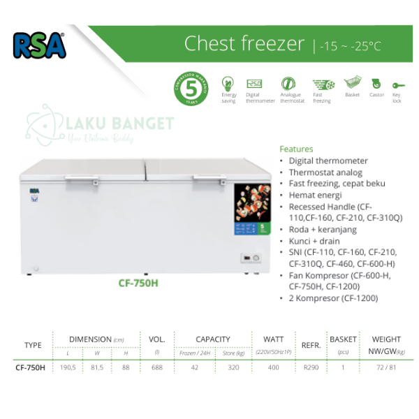 Chest Freezer 688 Liter RSA CF-750H / Freezer 2 Pintu RSA CF 750H Garansi Resmi