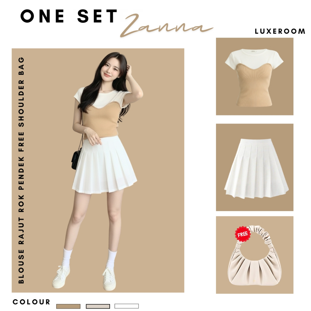 Fashion Wanita Kekinian ( Blouse Rajut + Rok Pendek+ Tas ) Setelan Outfit One Set Zanna Korean Style
