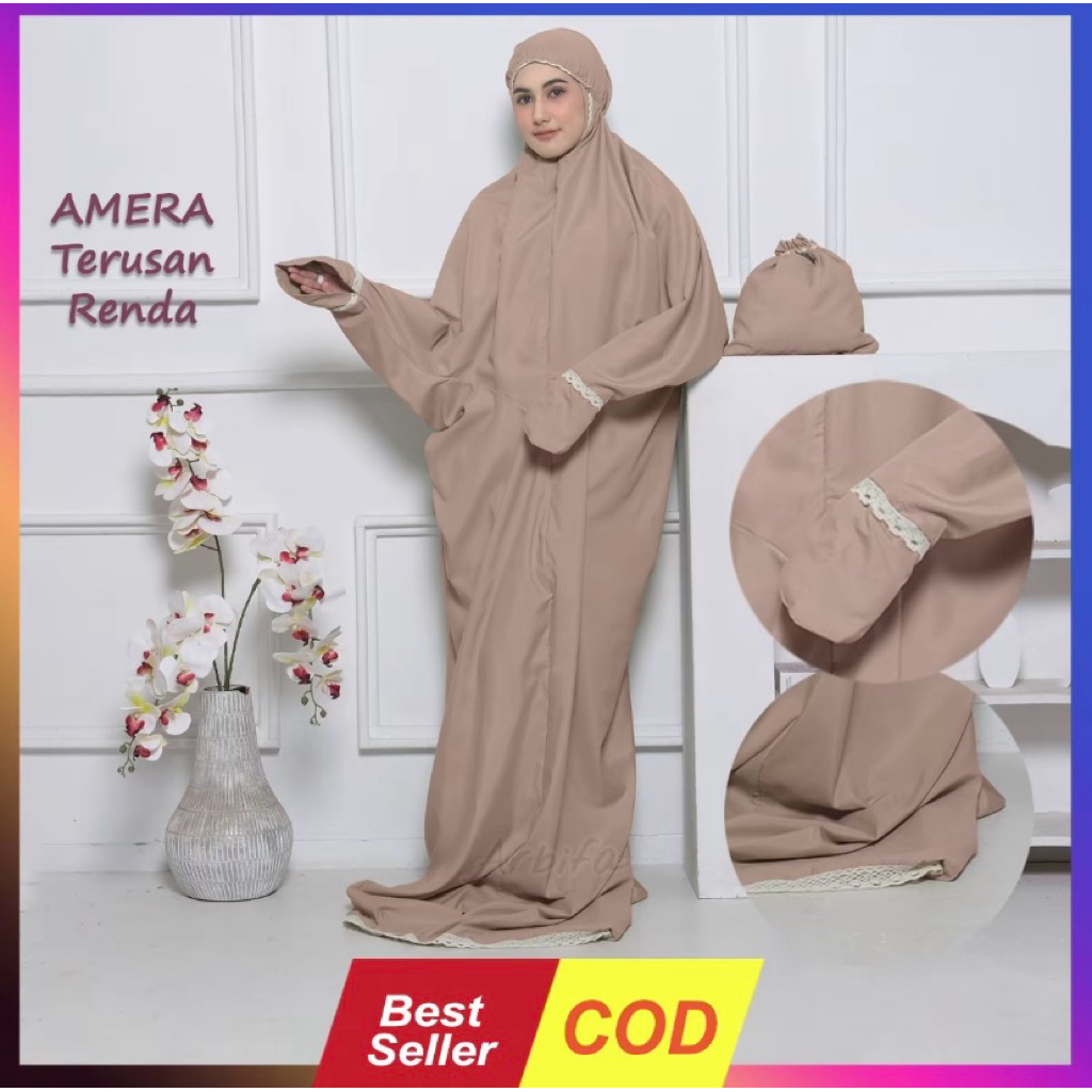 Mukena Terusan Panjang Jumbo Dewasa Renda Kain Katun Adem Lembut