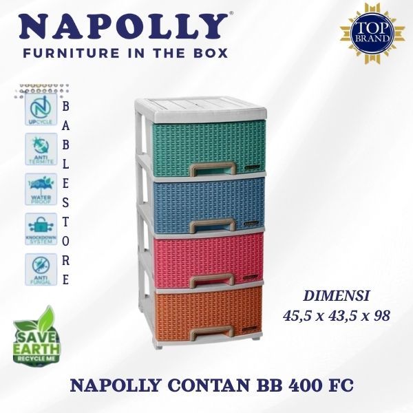 NAPOLLY LEMARI PLASTIK LACI 4 SUSUN CONTAN BB-400 MOTIF ROTAN ANTI JAMUR