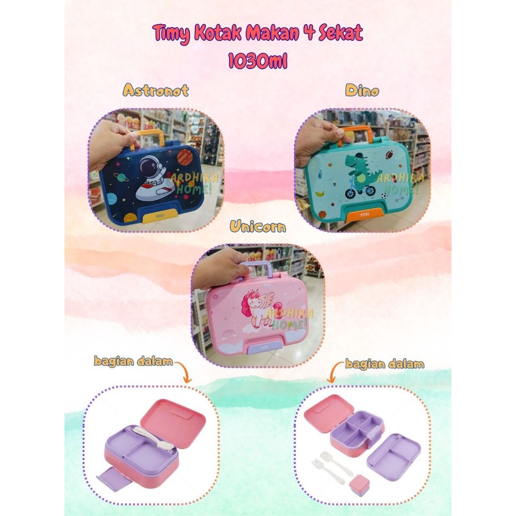 Ataru 1.03 Ltr Timy Kotak Makan 4 Sekat Set Lunch Box Anak Laki Laki Dino Astronot Kotak Makan Anak 