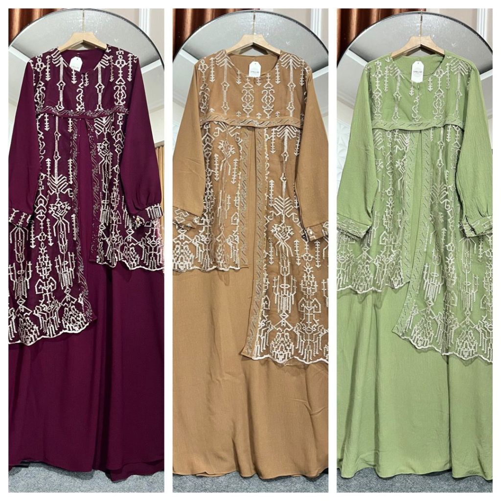 (Bisa COD) Baju Lebaran Airflow Brokat Rekomendasi Dress Panjang Lengan Karet Gamis Wanita Muslimah