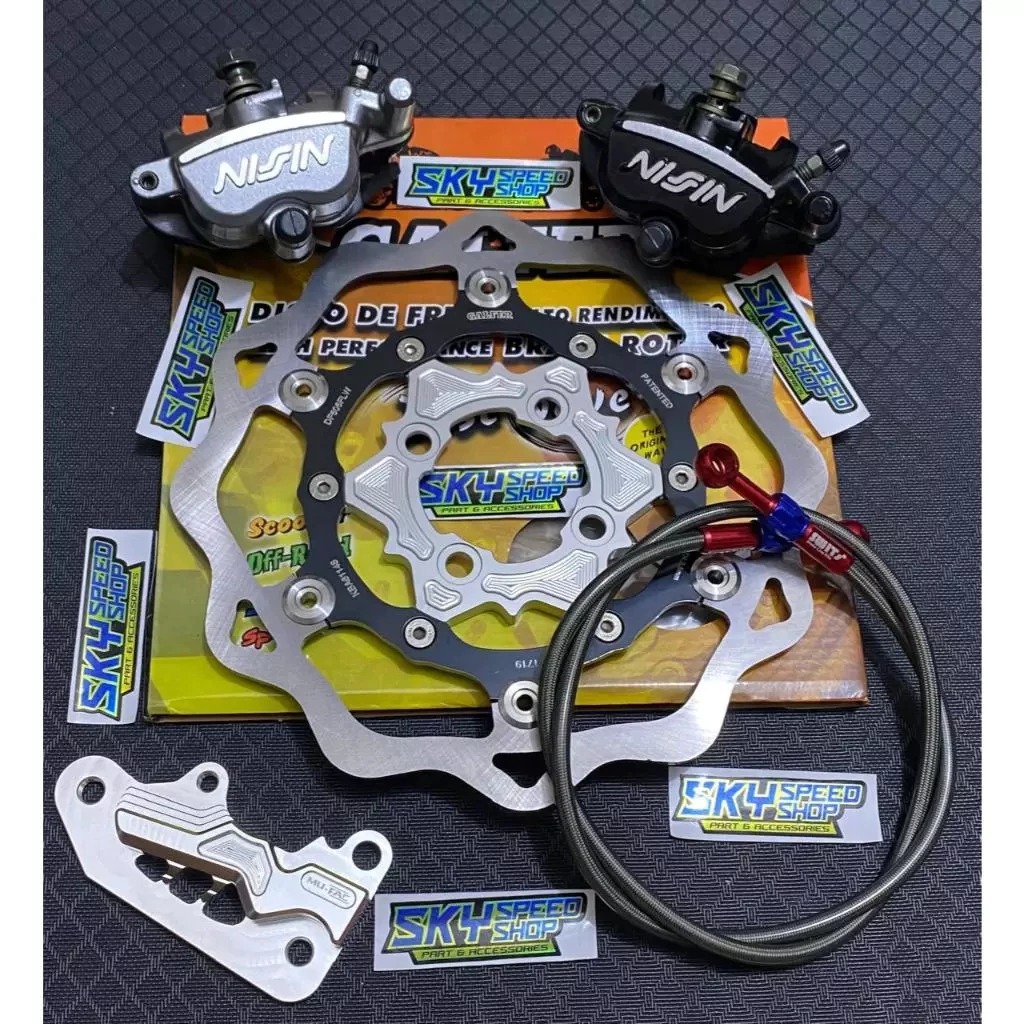 PAKET HEDON  KALIPER CAKRAM DEPAN SB + BREKET 2 PISTON UK 260MM SELANG REM SWITCH DEPAN DISK GALFER 