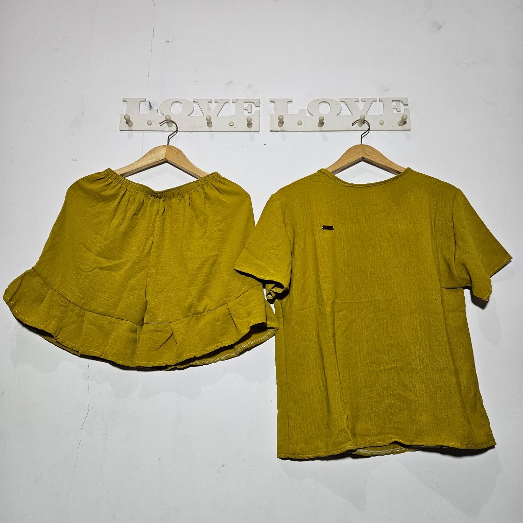 One Set Wanita Bahan Crinkle Airflow Polos - Baju Lengan Pendek Celana Hotpen Rempel