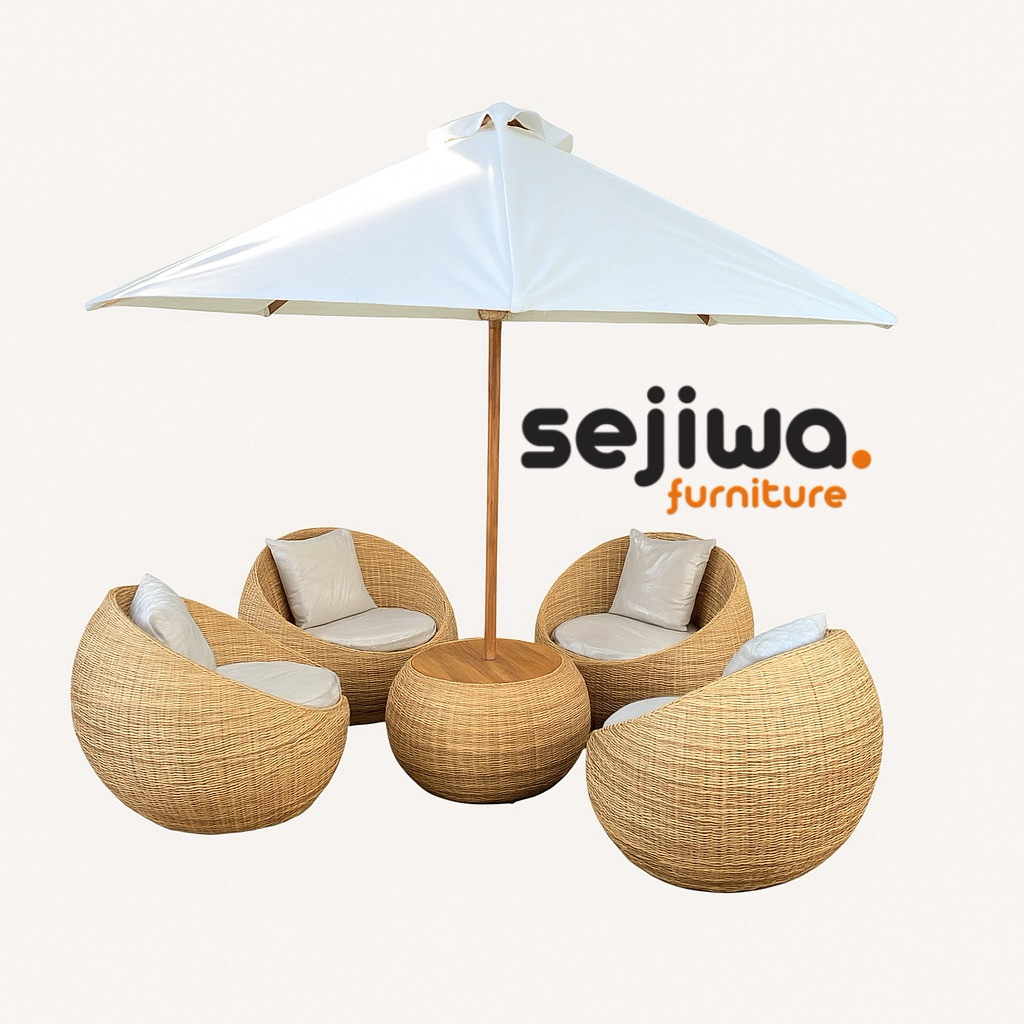 Set Kursi Santai Outdoor Rotan Sintetis / Kursi Tamu Outdoor Meja Payung / Kursi Santai Model Bulat 