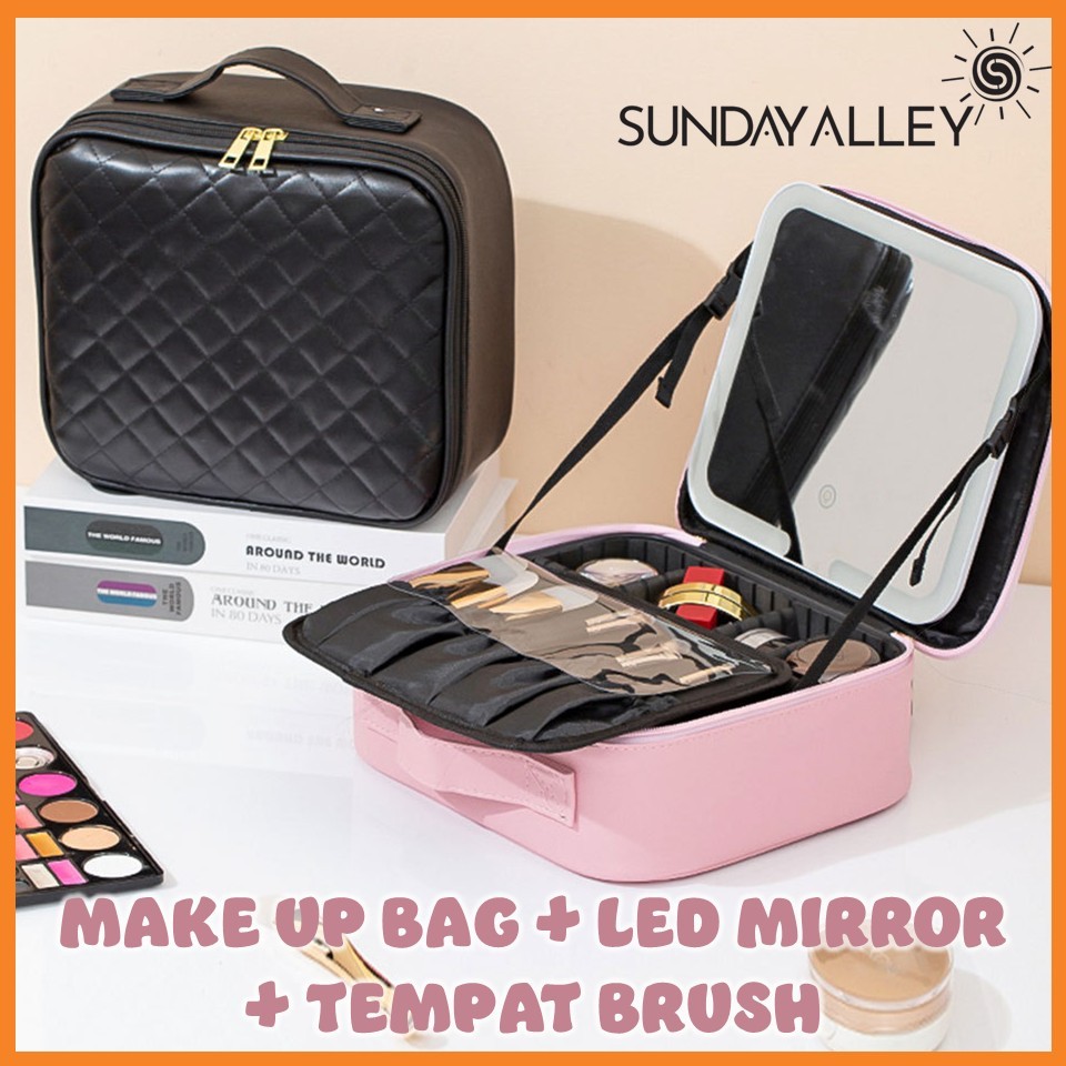 Sunday Alley - Tas Make Up LED Mirror Beauty Case Travel Aesthetic MUA Lampu Besar Muat Banyak