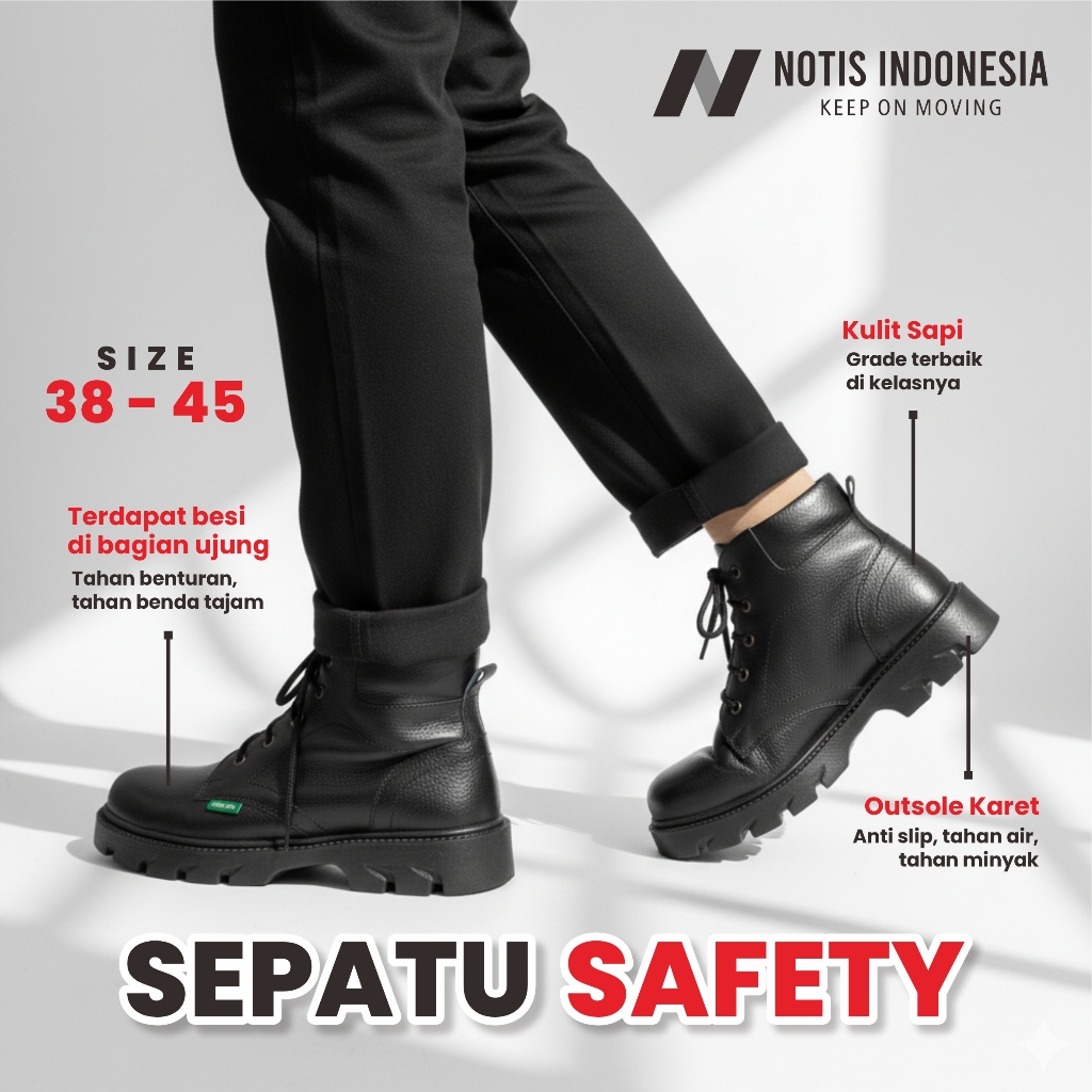 NOTIS - SEPATU SAFETY BOOTS TINGGI PRIA WANITA KULIT SEFTY SEPTI UJUNG BESI SEPATU PROYEK